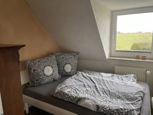 Gemütliches Schlafzimmer mit einem Bett, Kissen und Blick auf eine grüne Wiese.