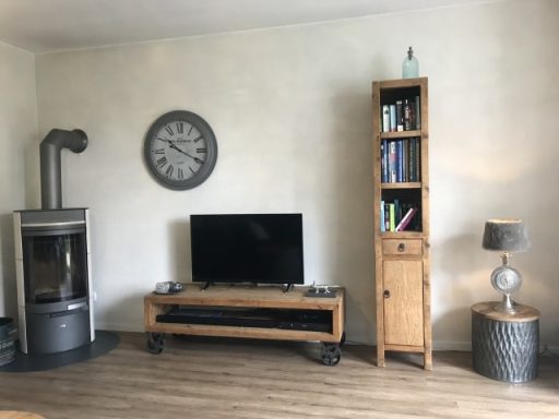 Gemütlicher Wohnraum mit Fernseher, Bücherregal und Kamin.