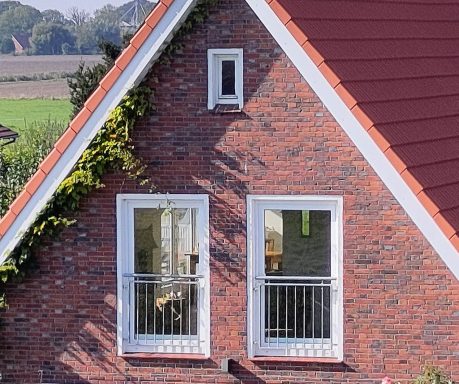 Haus mit rotem Satteldach und zwei Fenstern, umgeben von grünem Feld.